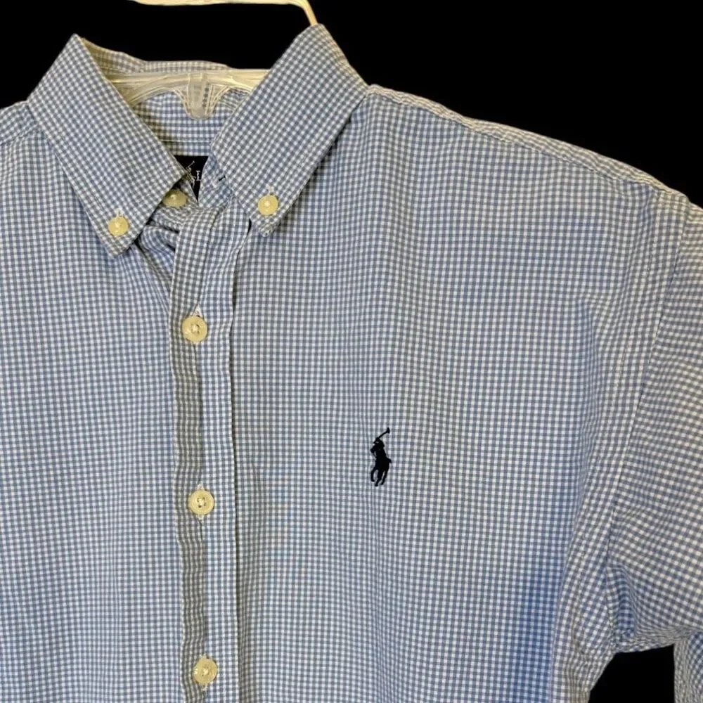 Ralph Lauren Boys Blue/White Gingham Check Button Down Shirt Medium Iconic Pony
